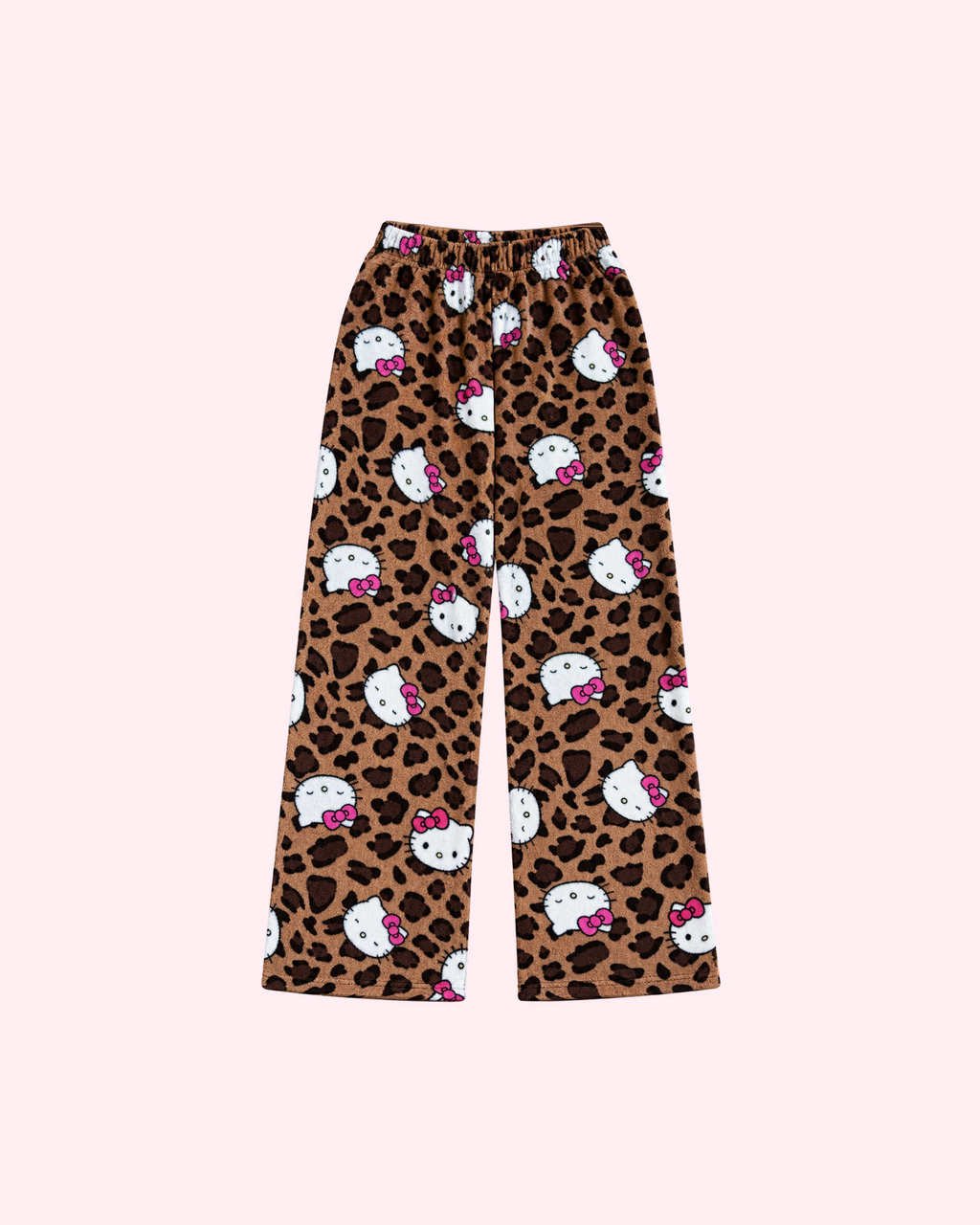 Mirrored back view of brown leopard-print pajama pants with white Hello Kitty faces and pink bows