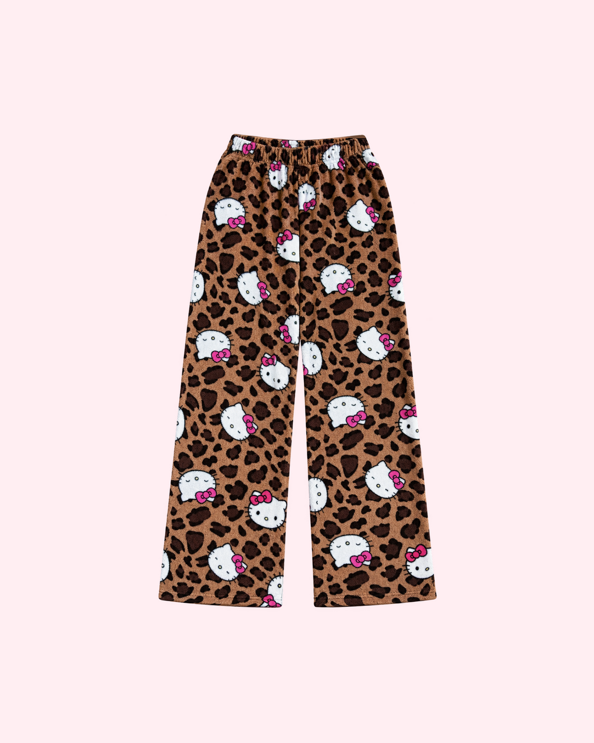 Mirrored back view of brown leopard-print pajama pants with white Hello Kitty faces and pink bows