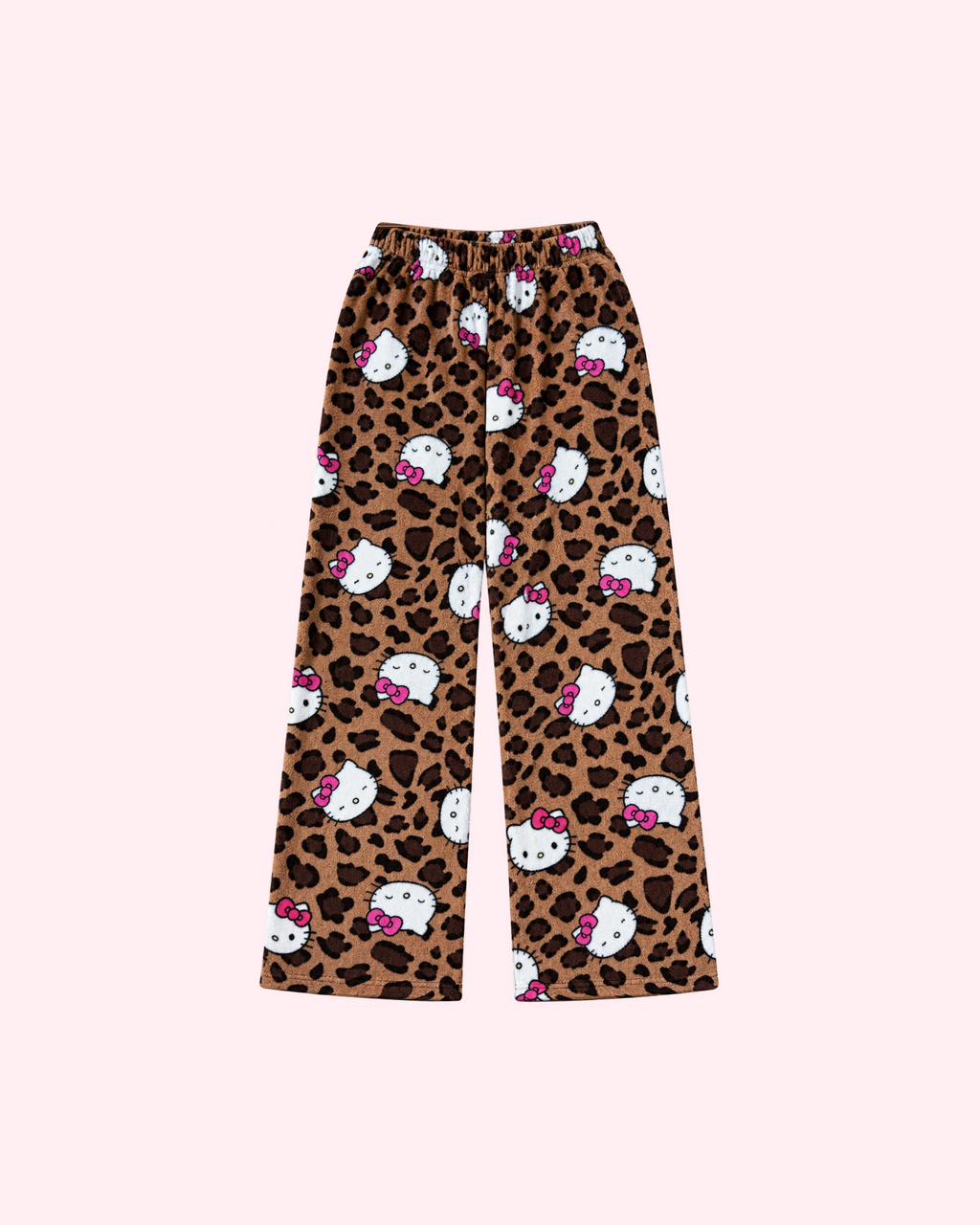 Front view of brown leopard-print pajama pants with white Hello Kitty faces and pink bows