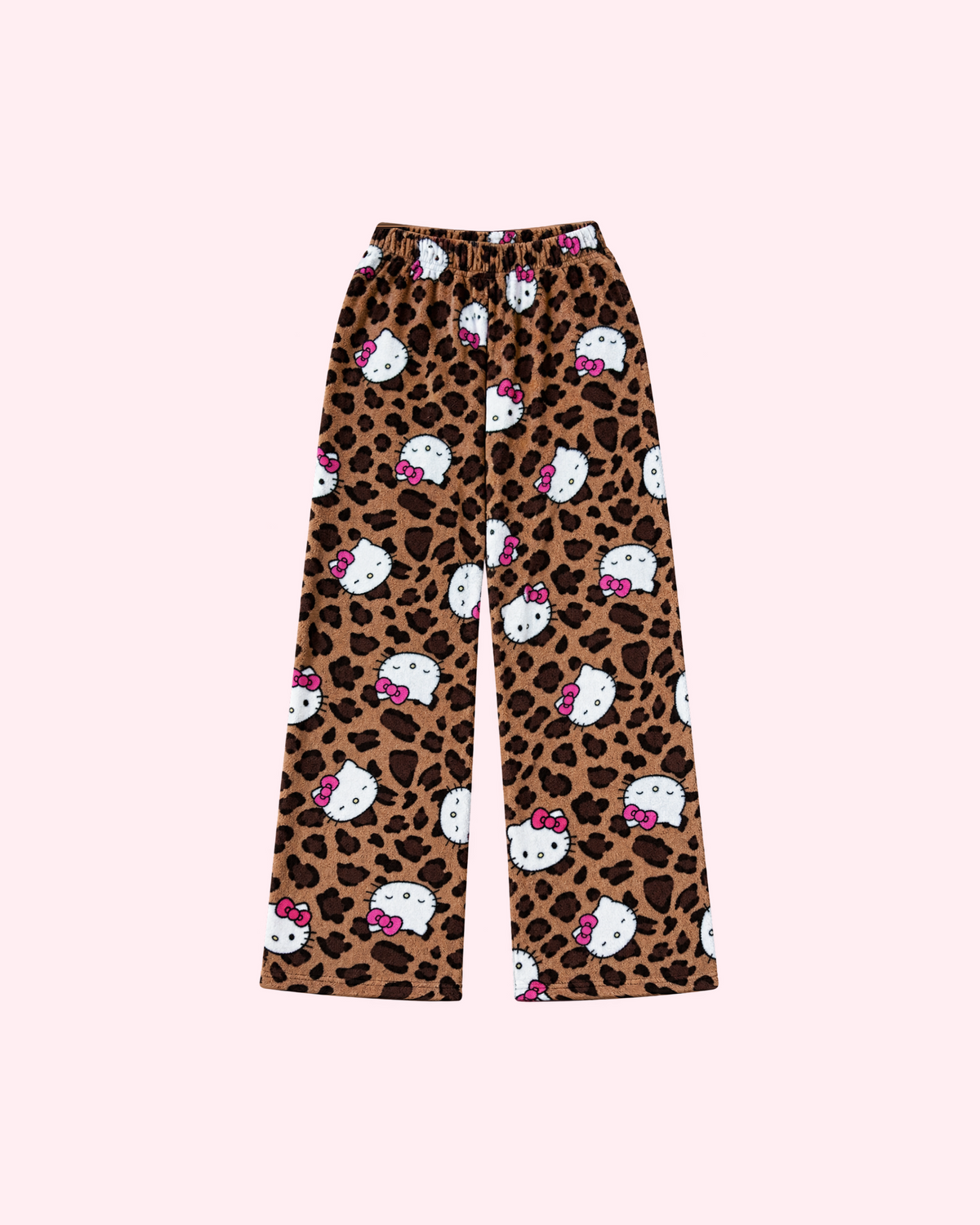 Front view of brown leopard-print pajama pants with white Hello Kitty faces and pink bows