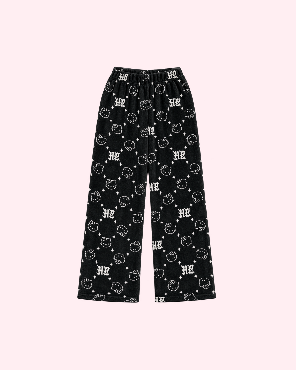 Back view of black Hello Kitty pajama pants with white outlined faces, stars and HK lettering