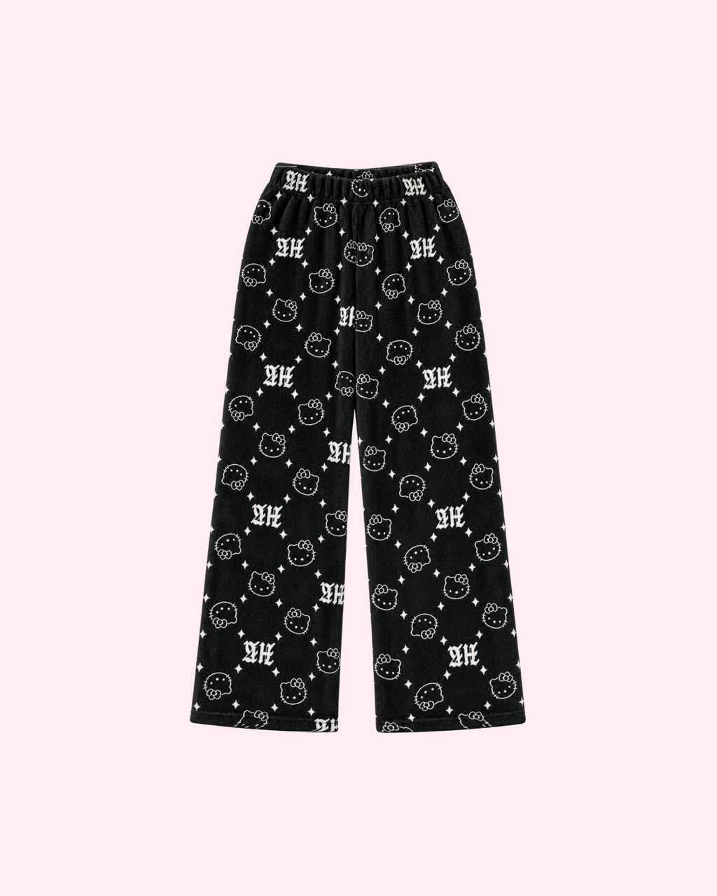 Front view of black Hello Kitty pajama pants with white outlined faces, stars and HK lettering
