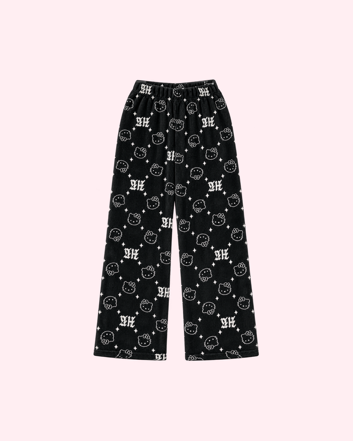 Front view of black Hello Kitty pajama pants with white outlined faces, stars and HK lettering