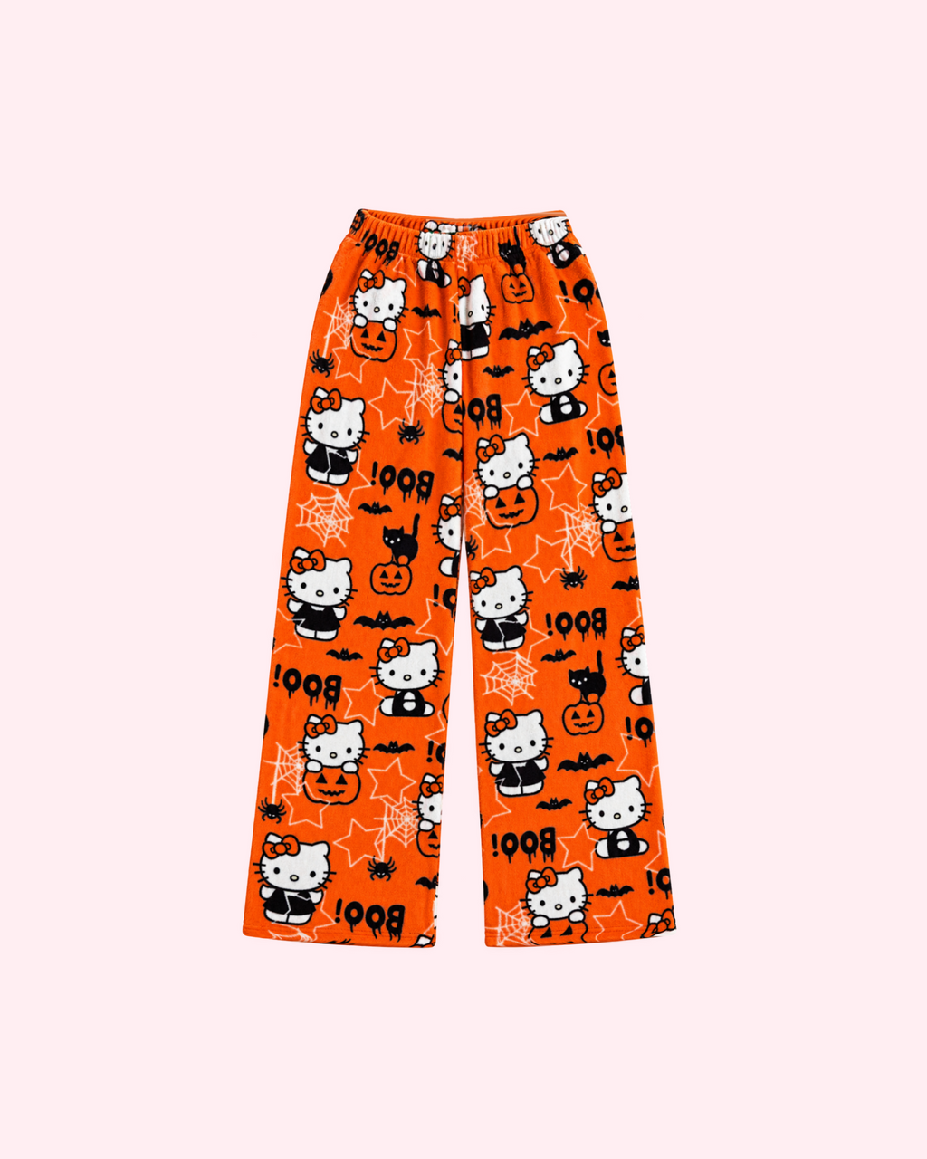 Back view of orange Hello Kitty Halloween pajama pants with pumpkins, bats and BOO lettering