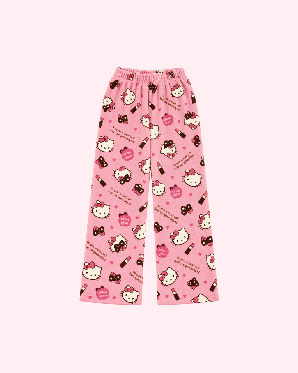 Mirrored back view of pink Hello Kitty pajama pants with lipstick tubes, bows, hearts and eye-mask motifs