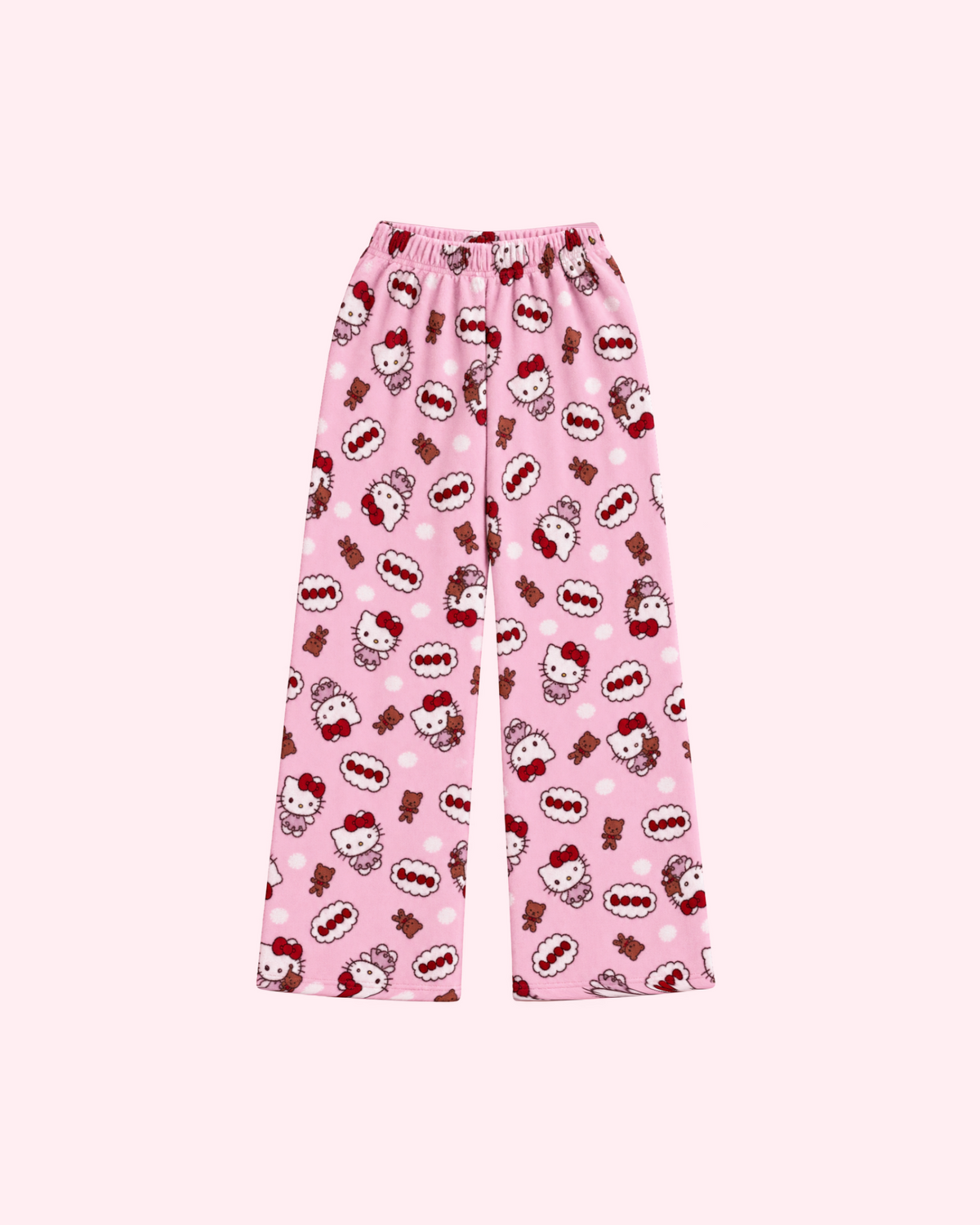 Back view of pale pink Hello Kitty pajama pants with teddy bears, red bows and small dots
