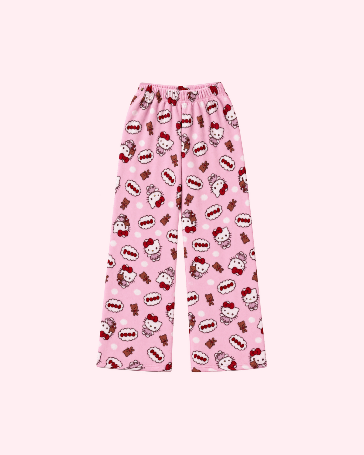 Front view of pale pink Hello Kitty pajama pants with teddy bears, red bows and small dots