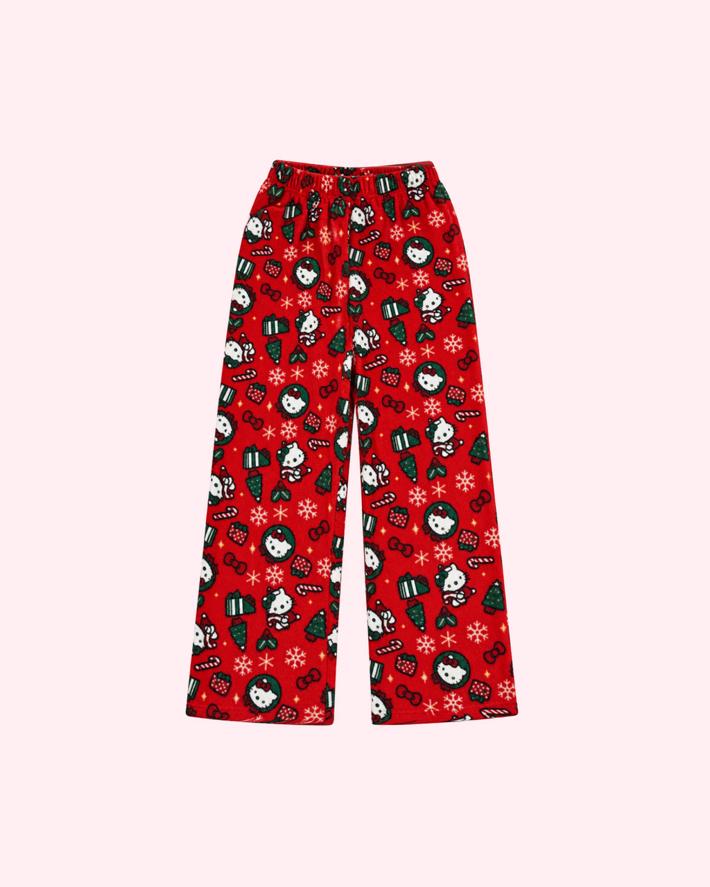 Back view of red Hello Kitty Christmas pajama pants with green trees, gifts and candy canes