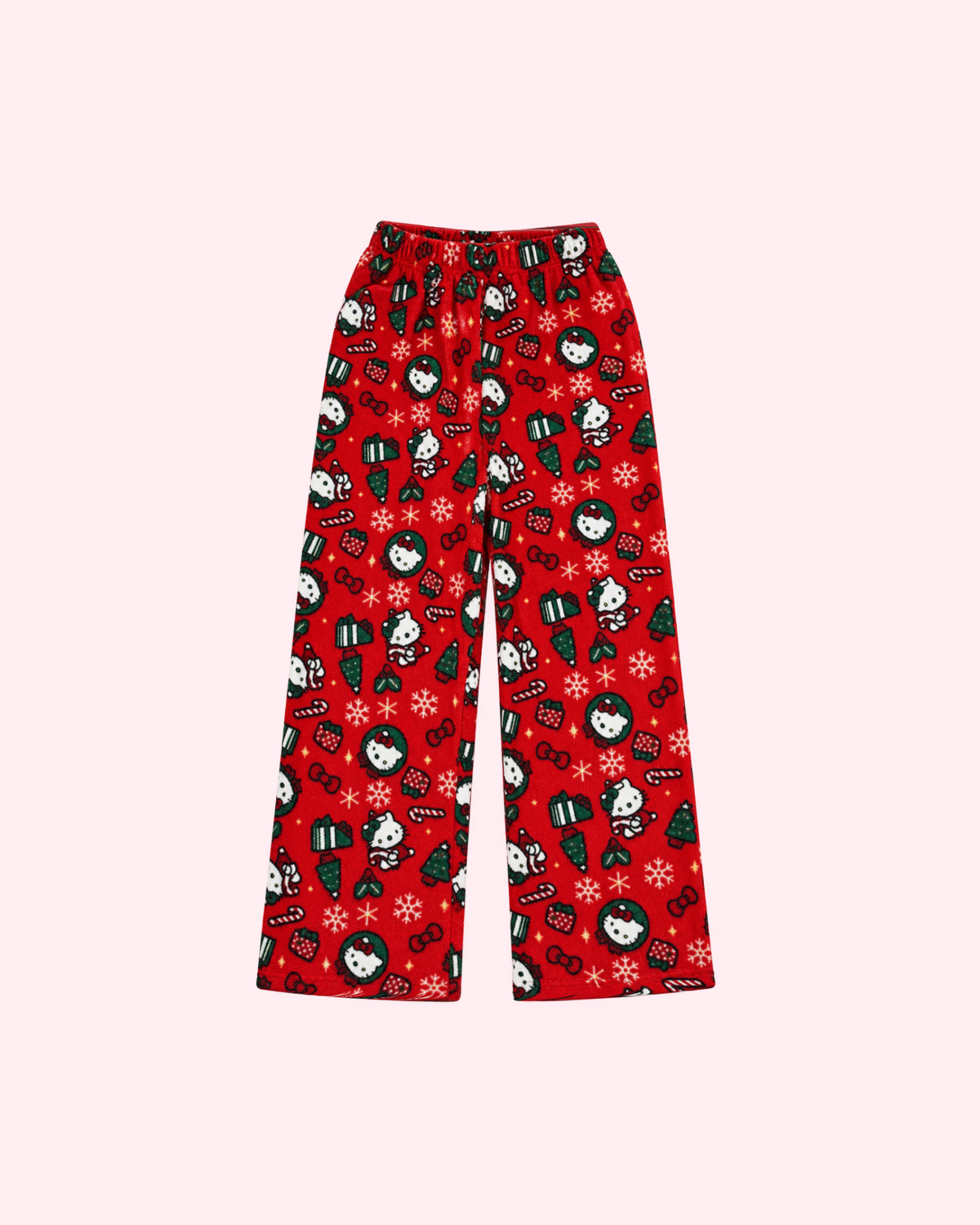Back view of red Hello Kitty Christmas pajama pants with green trees, gifts and candy canes