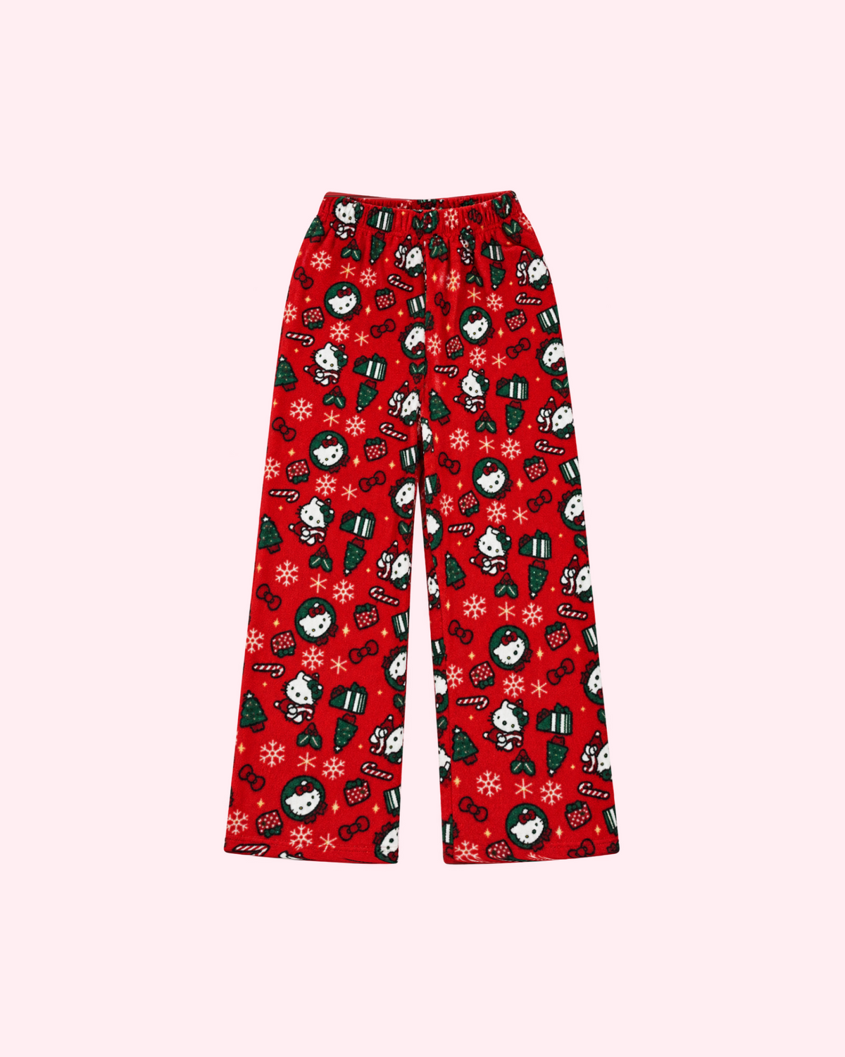 Front view of red Hello Kitty Christmas pajama pants with green trees, gifts and candy canes