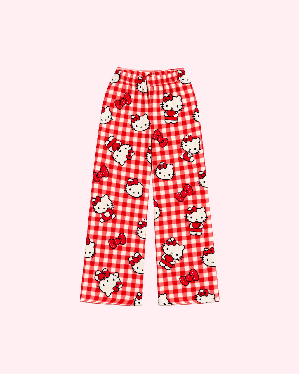 Mirrored back view of red and ivory gingham Hello Kitty pajama pants with red bows and heart motifs