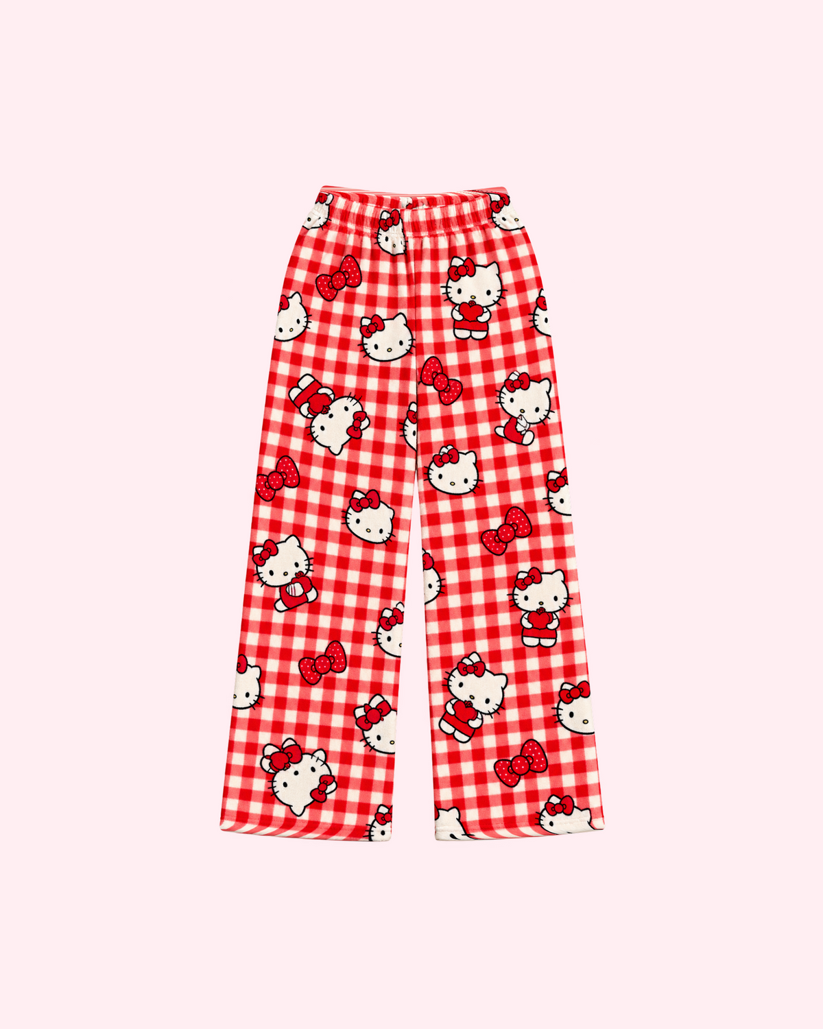 Mirrored back view of red and ivory gingham Hello Kitty pajama pants with red bows and heart motifs