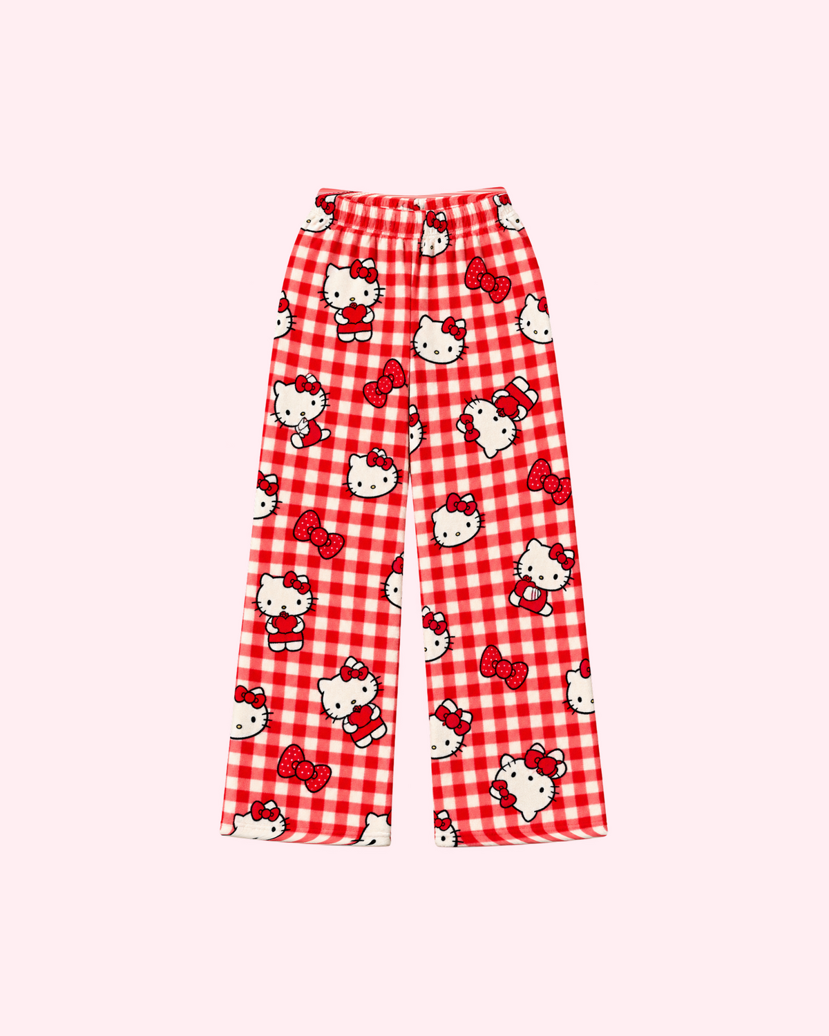 Front view of red and ivory gingham Hello Kitty pajama pants with red bows and heart motifs