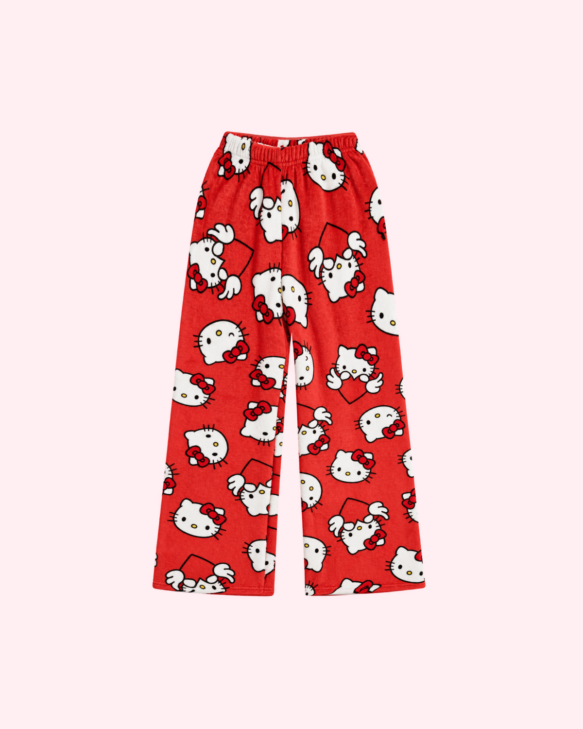 Back view of red Hello Kitty pajama pants with white character faces and winged hearts