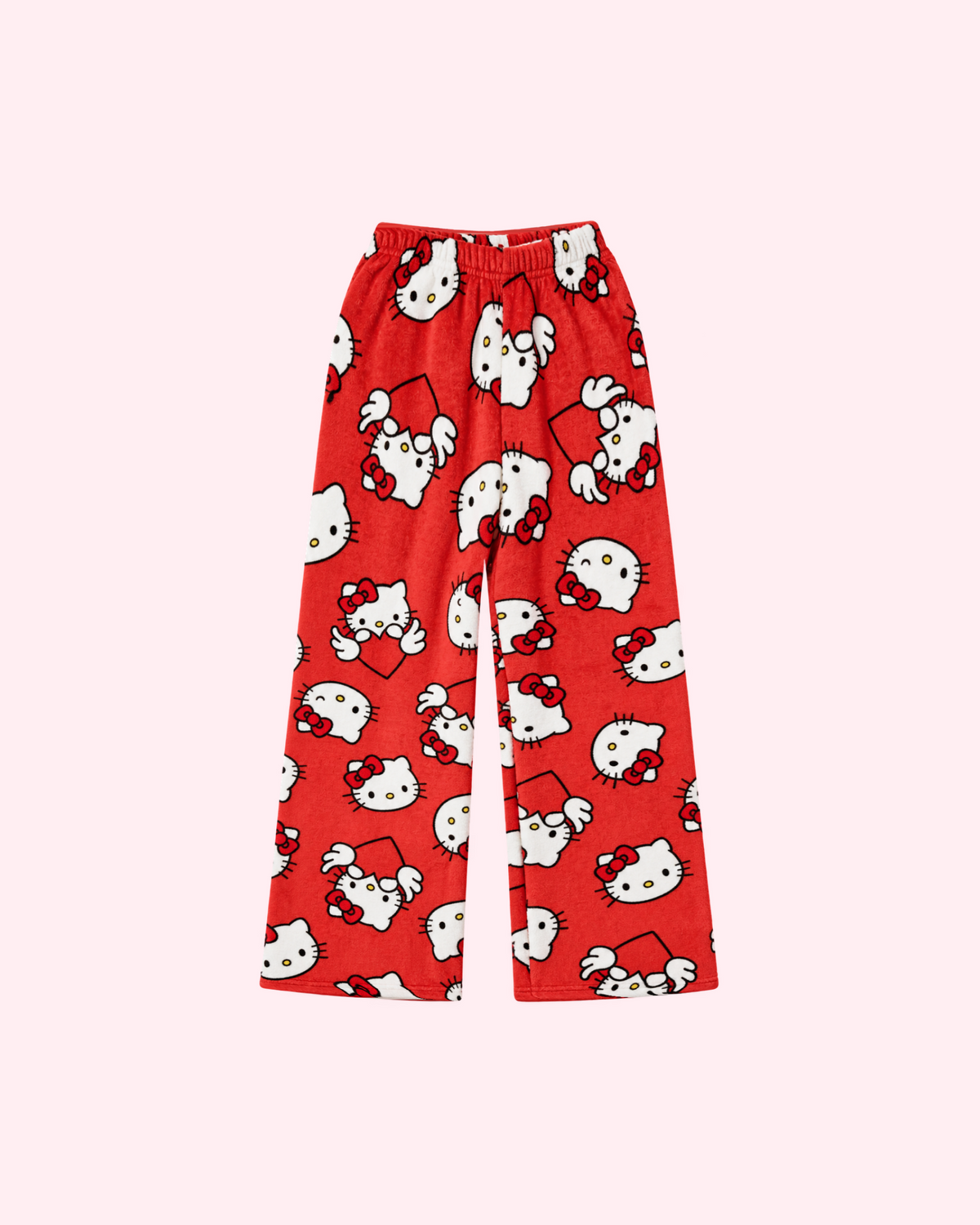 Front view of red Hello Kitty pajama pants with white character faces and winged hearts