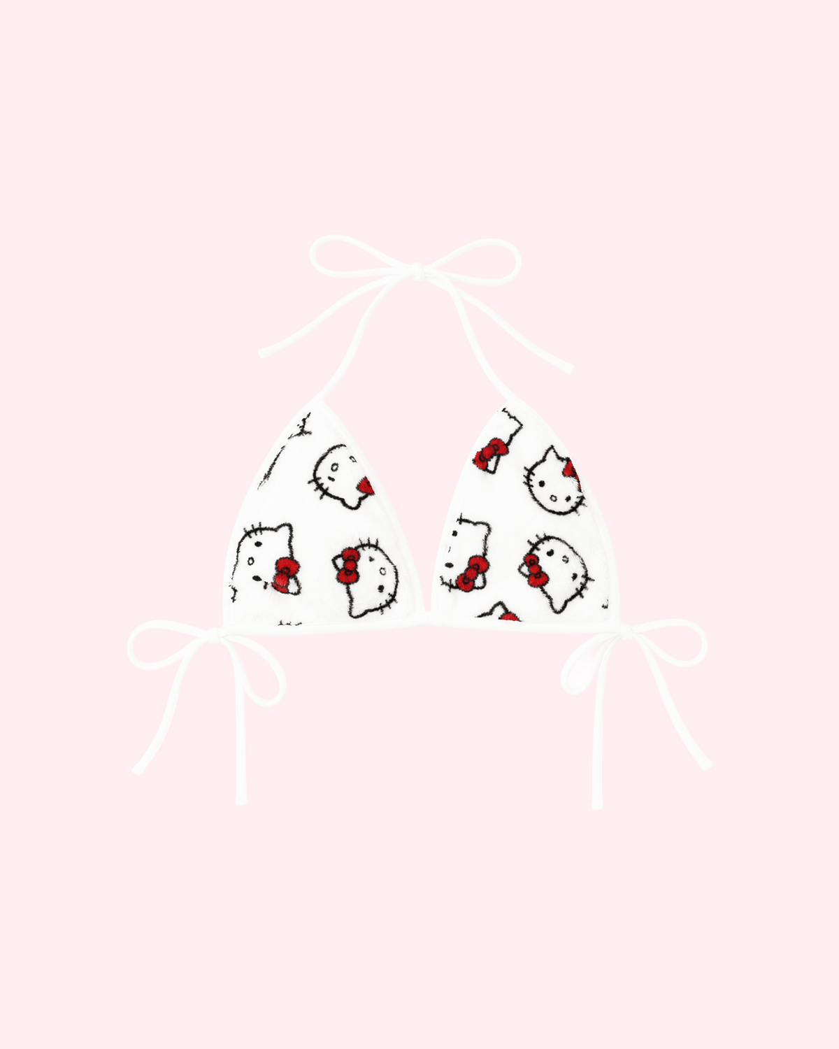 White Hello Kitty triangle bra with red bow print and white ties