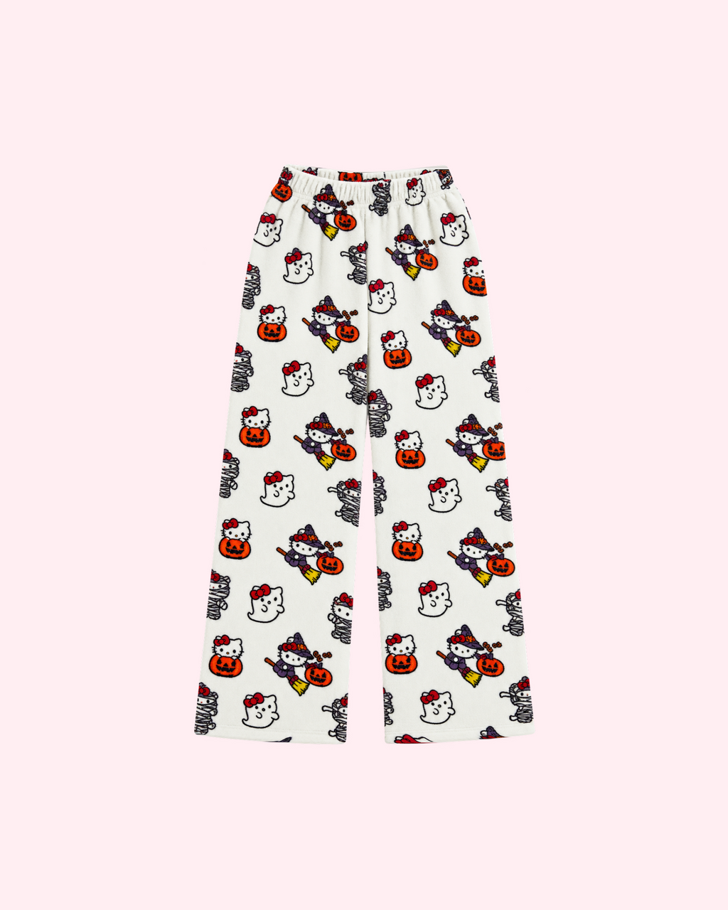 Mirrored back view of white Hello Kitty Halloween pajama pants with witches, pumpkins, ghosts and mummies