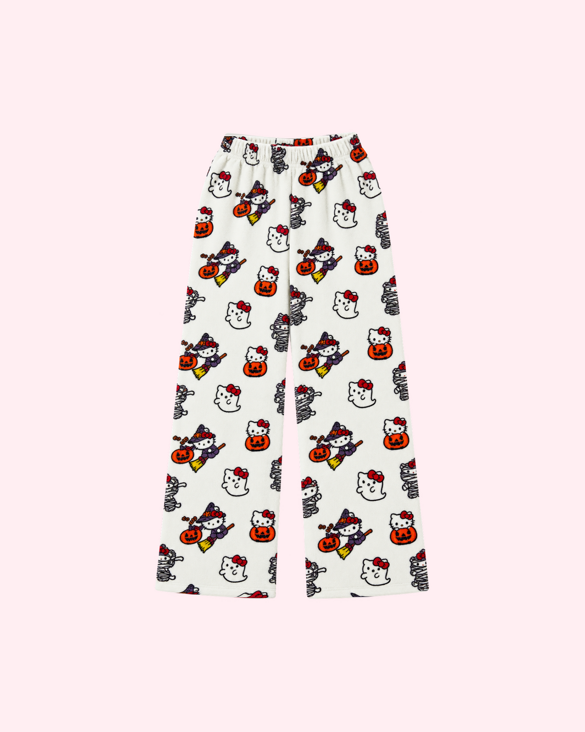 Front view of white Hello Kitty Halloween pajama pants with witches, pumpkins, ghosts and mummies