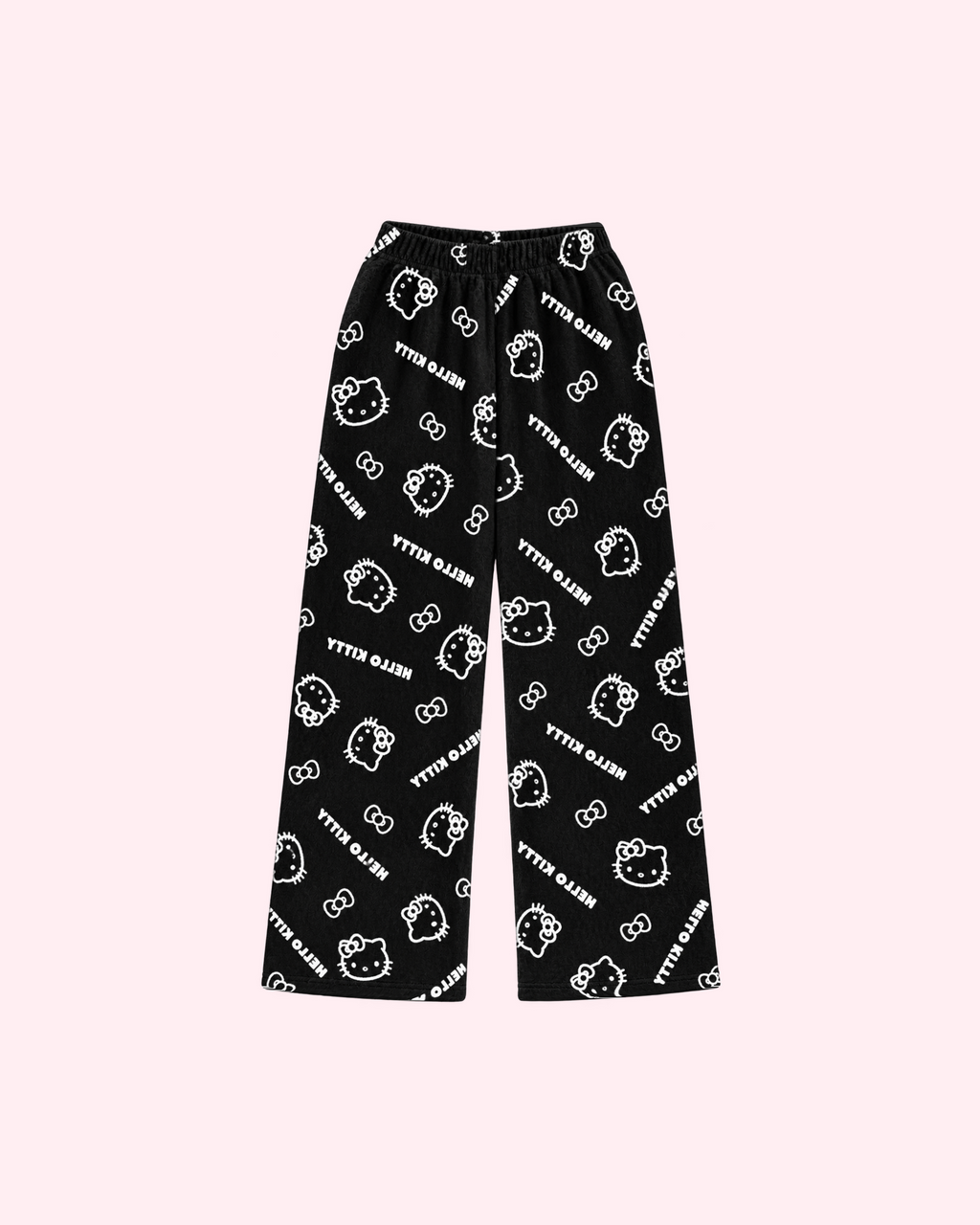 Mirrored back view of black pajama pants with white Hello Kitty outlines, bows and Hello Kitty lettering