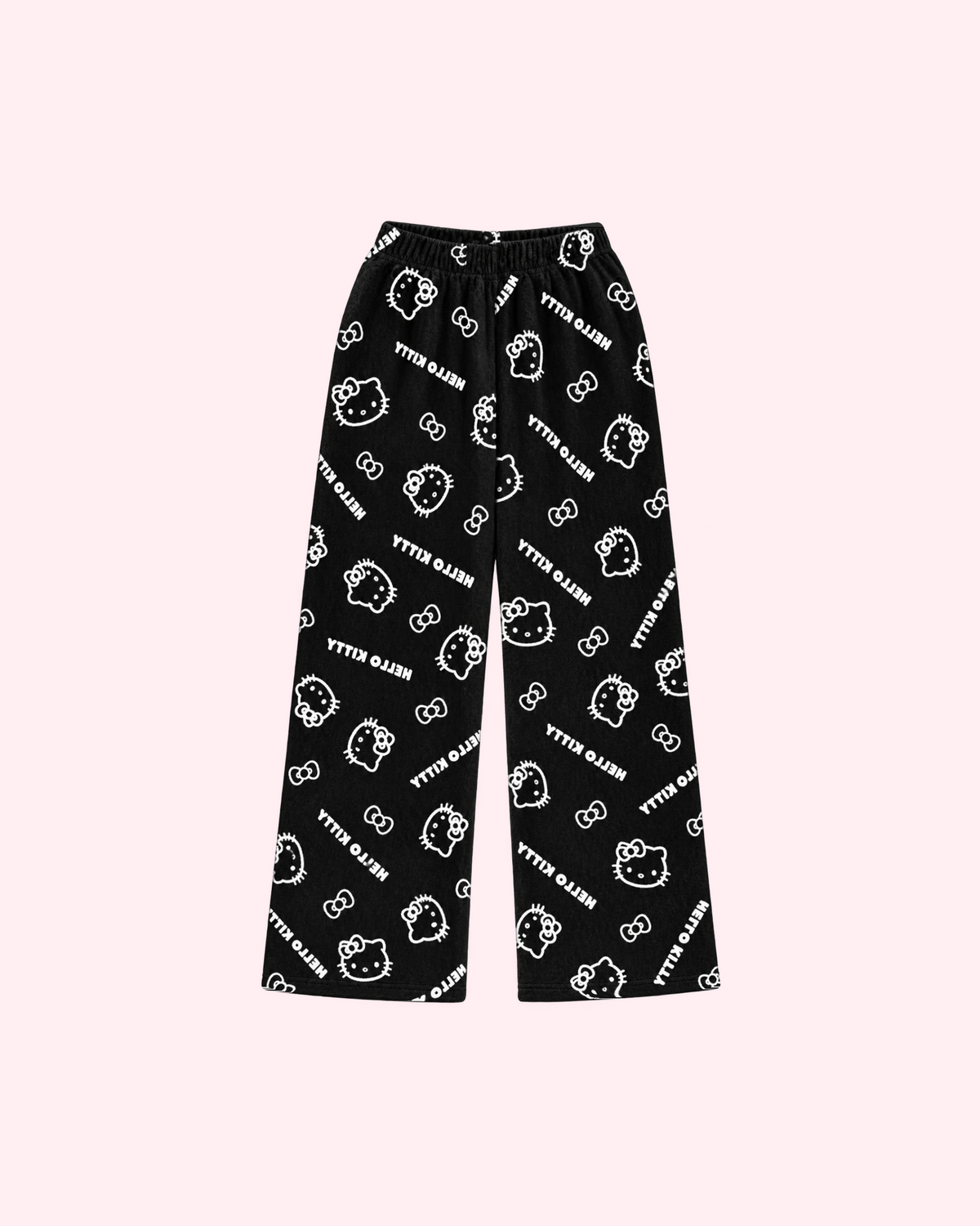 Mirrored back view of black pajama pants with white Hello Kitty outlines, bows and Hello Kitty lettering