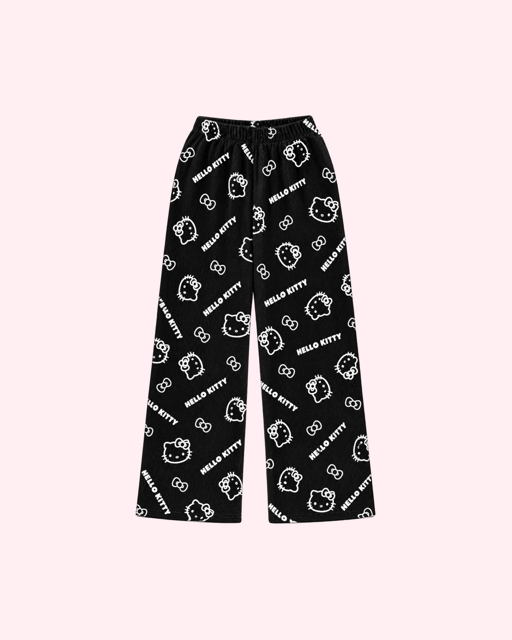 Front view of black pajama pants with white Hello Kitty outlines, bows and Hello Kitty lettering