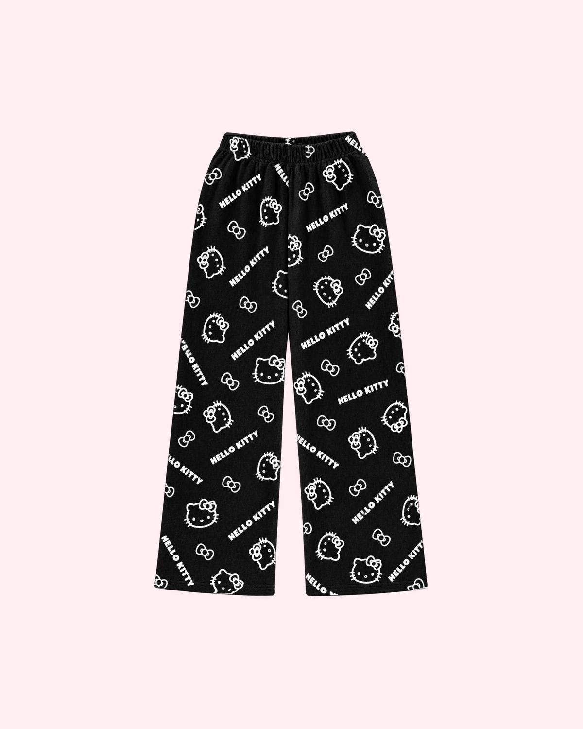Front view of black pajama pants with white Hello Kitty outlines, bows and Hello Kitty lettering