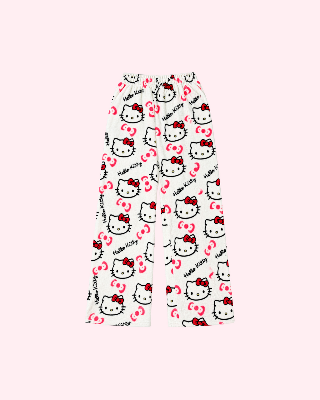 Front view of white Hello Kitty pajama pants with red character bows and pink bow motifs