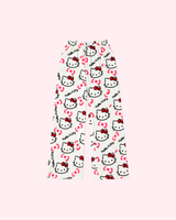 Front view of white Hello Kitty pajama pants with red character bows and pink bow motifs