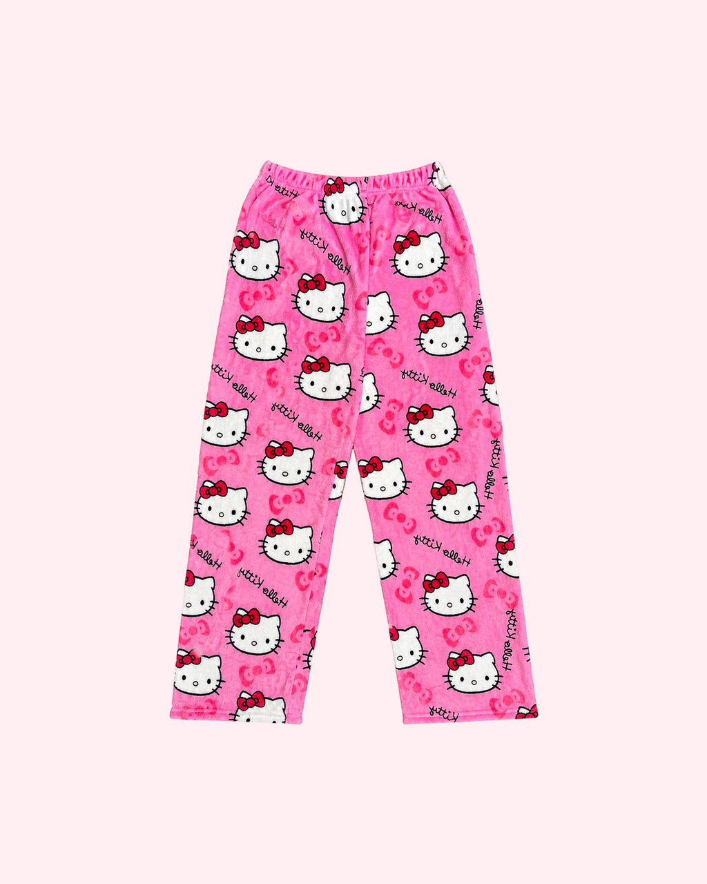 Back view of bright pink Hello Kitty pajama pants with white character faces and bow motifs