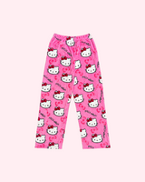 Back view of bright pink Hello Kitty pajama pants with white character faces and bow motifs