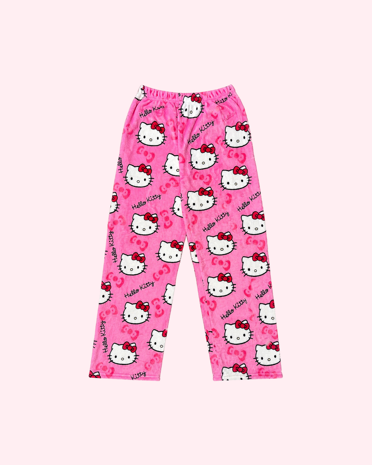 Front view of bright pink Hello Kitty pajama pants with white character faces and bow motifs