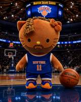 Jalen Brunson Hello Kitty plush in a New York number 11 kit beside a basketball on an arena court.
