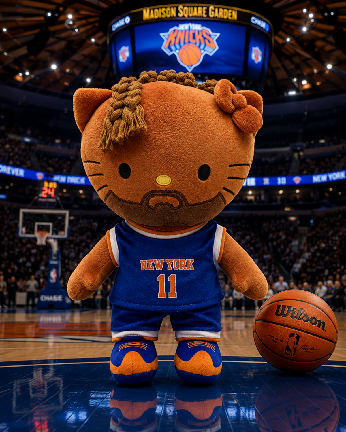 Jalen Brunson Hello Kitty plush in a New York number 11 kit beside a basketball on an arena court.