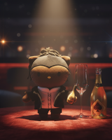 Jay-Z Hello Kitty plush on a warmly lit lounge table beside a gold bottle and glasses.