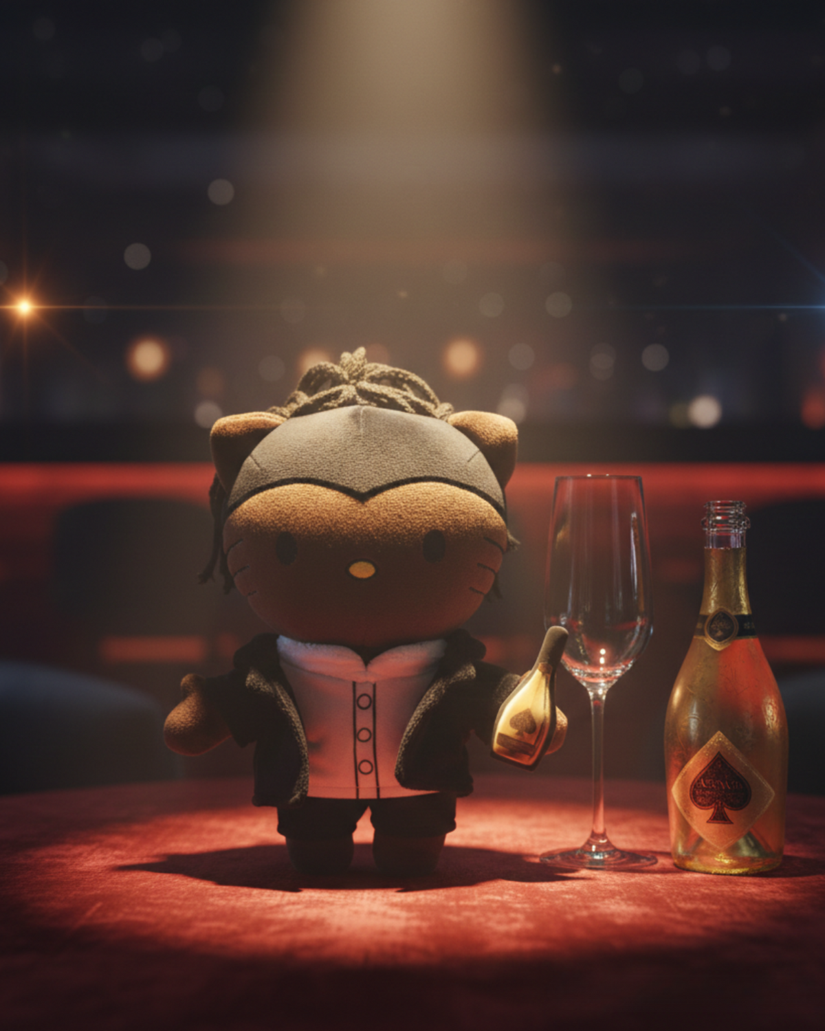 Jay-Z Hello Kitty plush on a warmly lit lounge table beside a gold bottle and glasses.