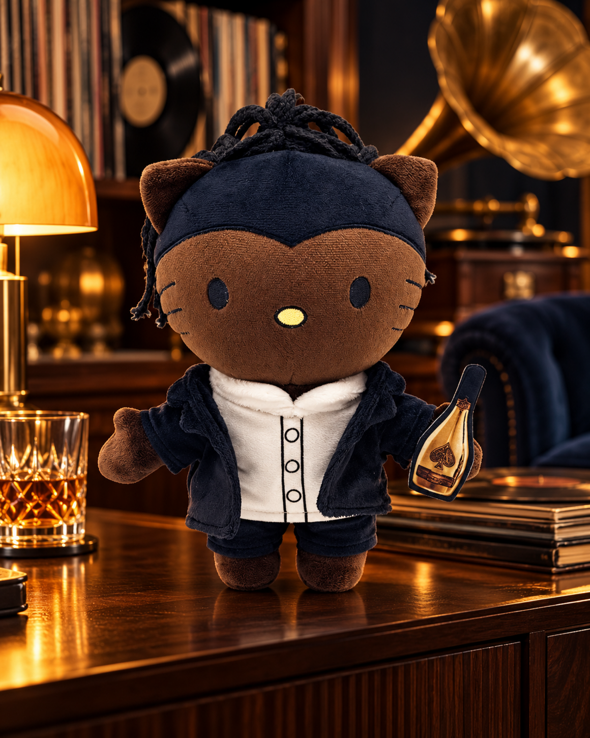 Jay-Z Hello Kitty plush on a walnut sideboard in a warm music lounge with records and a navy velvet chair.