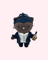 Front view of Jay-Z Hello Kitty plush in a dark jacket and white shirt holding a gold bottle-shaped accessory on a pale pink background.