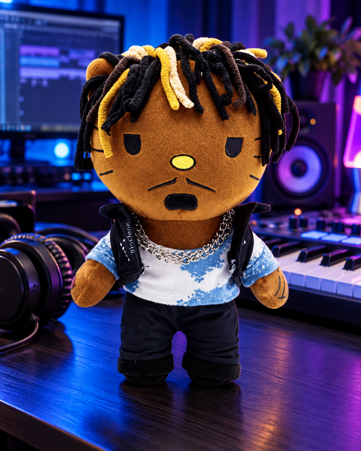 Juice WRLD Hello Kitty plush on a studio desk beside headphones and a keyboard under blue and purple lights.