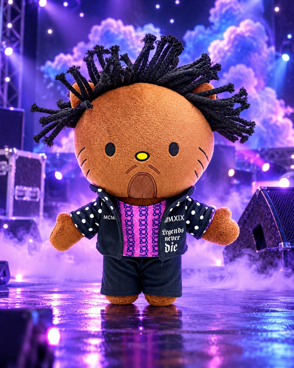 Juice Wrld x Hello Kitty Plush - Legends Never Die - a performance riser with glowing violet-blue cloud projections - styled product scene