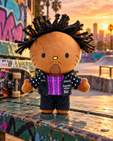 Juice Wrld x Hello Kitty Plush - Legends Never Die - a weathered painted park bench beside colorful graffiti - styled product scene