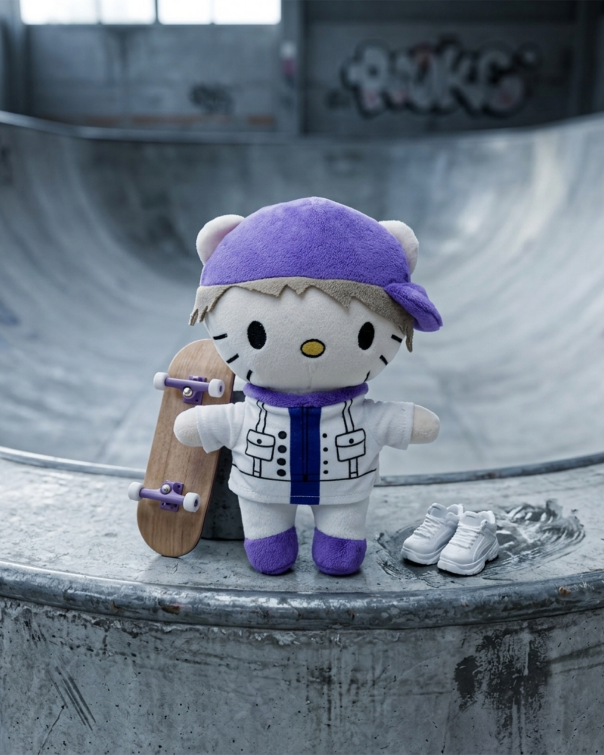 Justin Bieber Hello Kitty plush at a concrete skatepark.