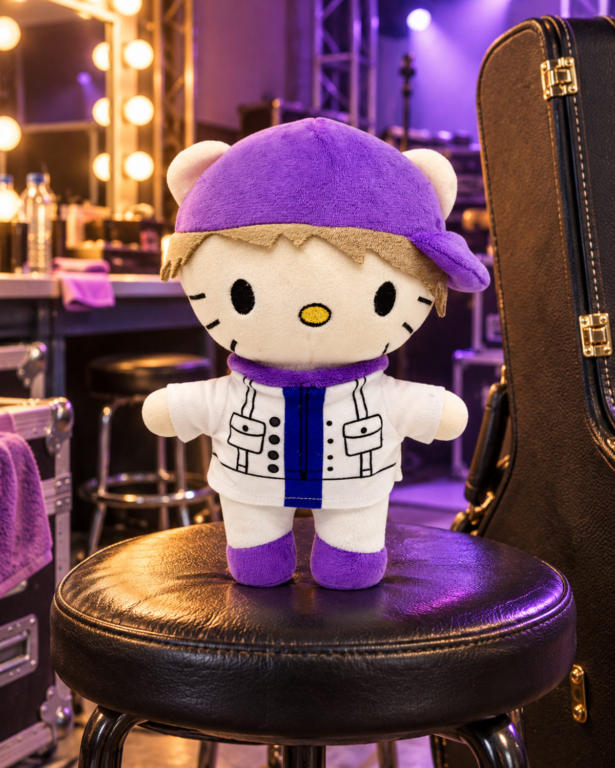 Justin Bieber Hello Kitty plush on a backstage stool beside an acoustic guitar case.