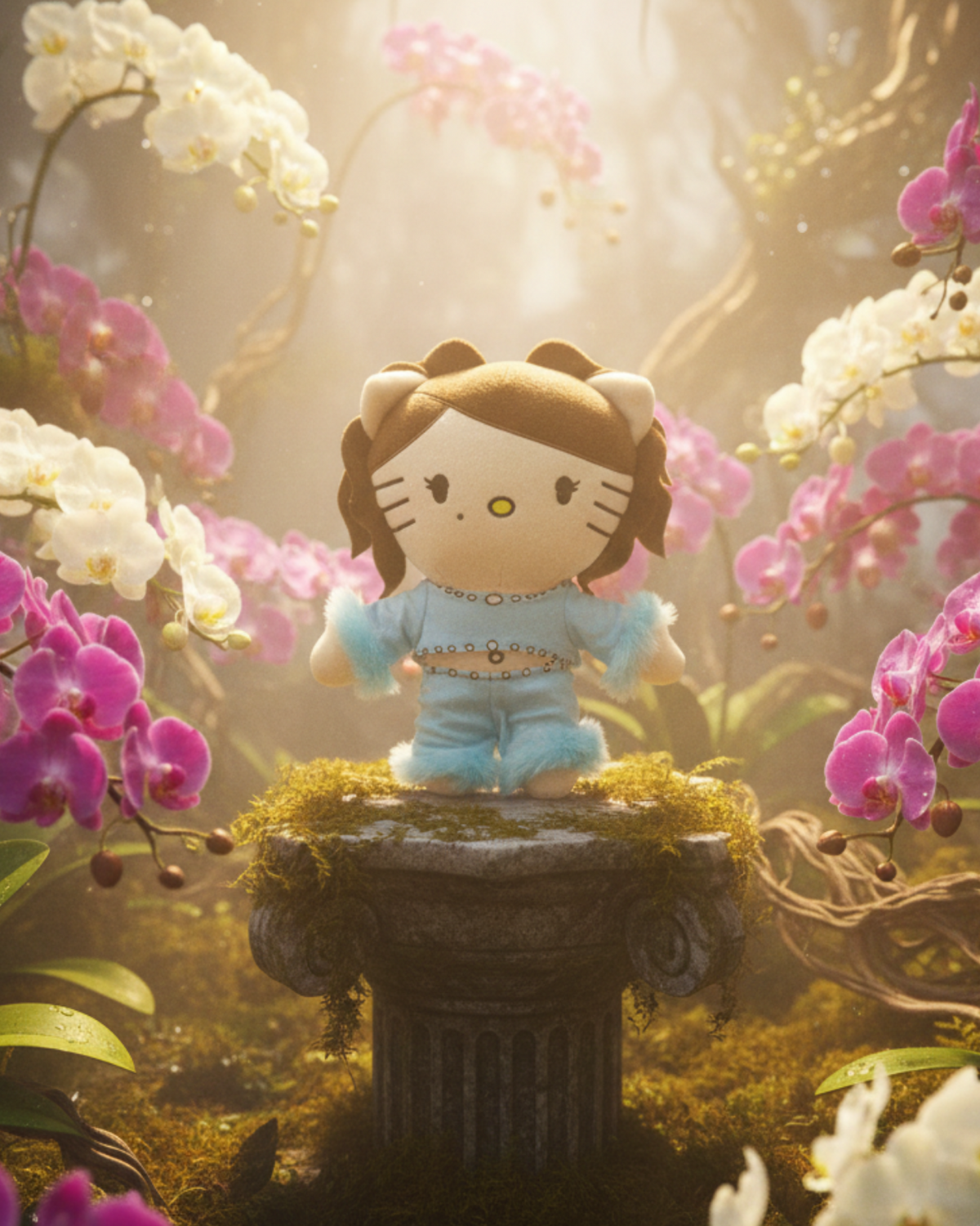 Kali Uchis Hello Kitty plush on a mossy pedestal among orchids in a sunlit garden.