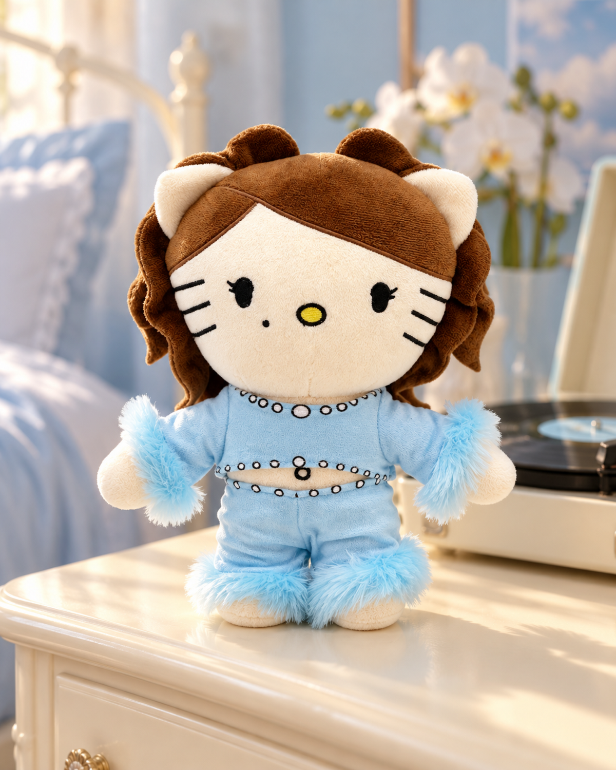 Kali Uchis Hello Kitty plush in a pastel bedroom beside a record player and orchids.