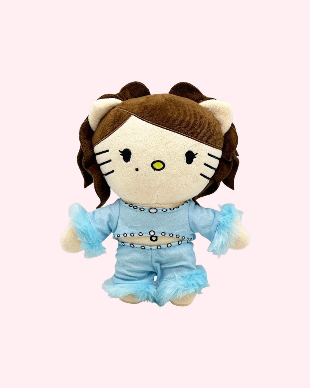 Front view of Kali Uchis Hello Kitty plush with brown hair and a light blue outfit with fluffy trims on a pale pink background.