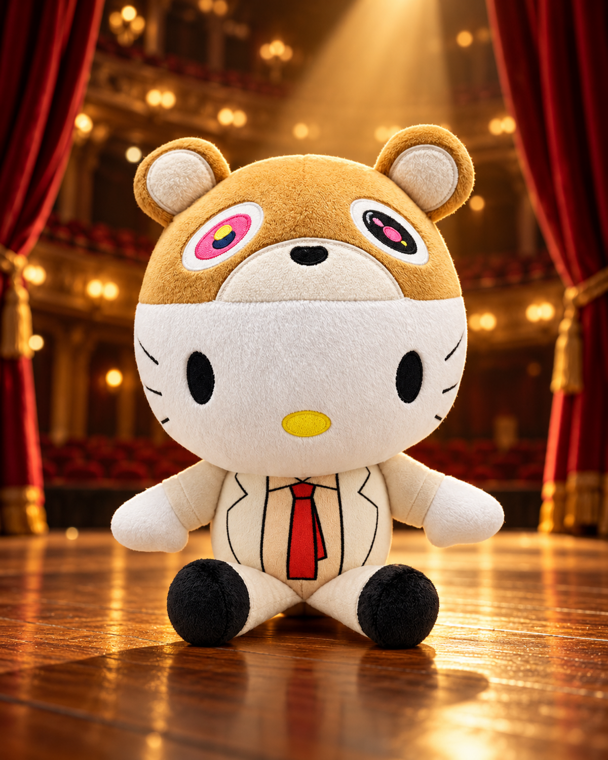 Kanye West x Hello Kitty Plush - Bear Costume - a wooden theatre stage - styled product scene