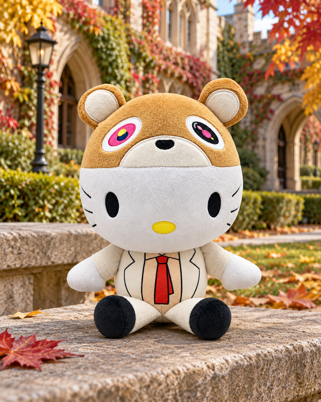 Kanye West x Hello Kitty Plush - Bear Costume - a sandstone campus bench - styled product scene