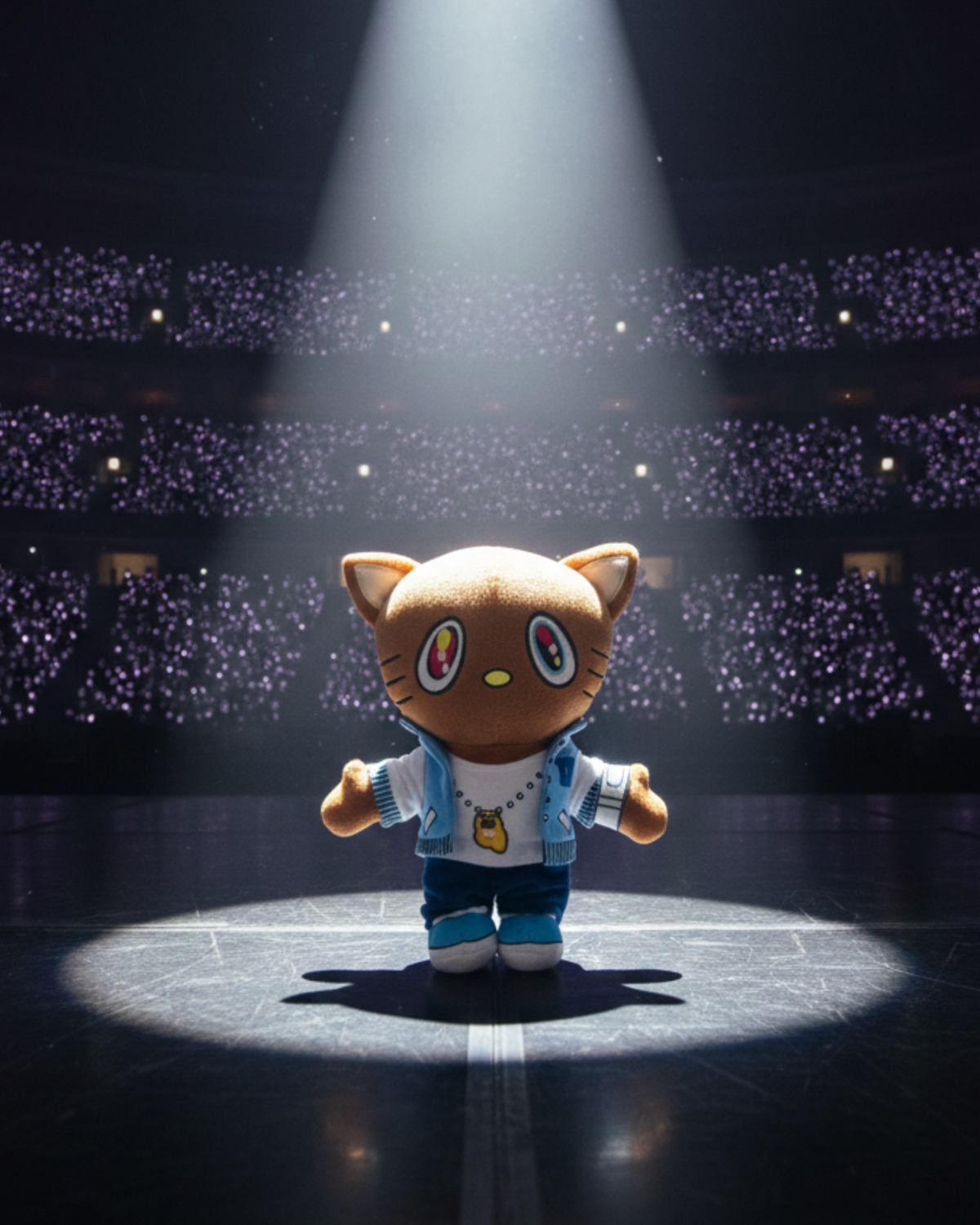 Kanye West Hello Kitty plush under a warm spotlight on a dark stage.
