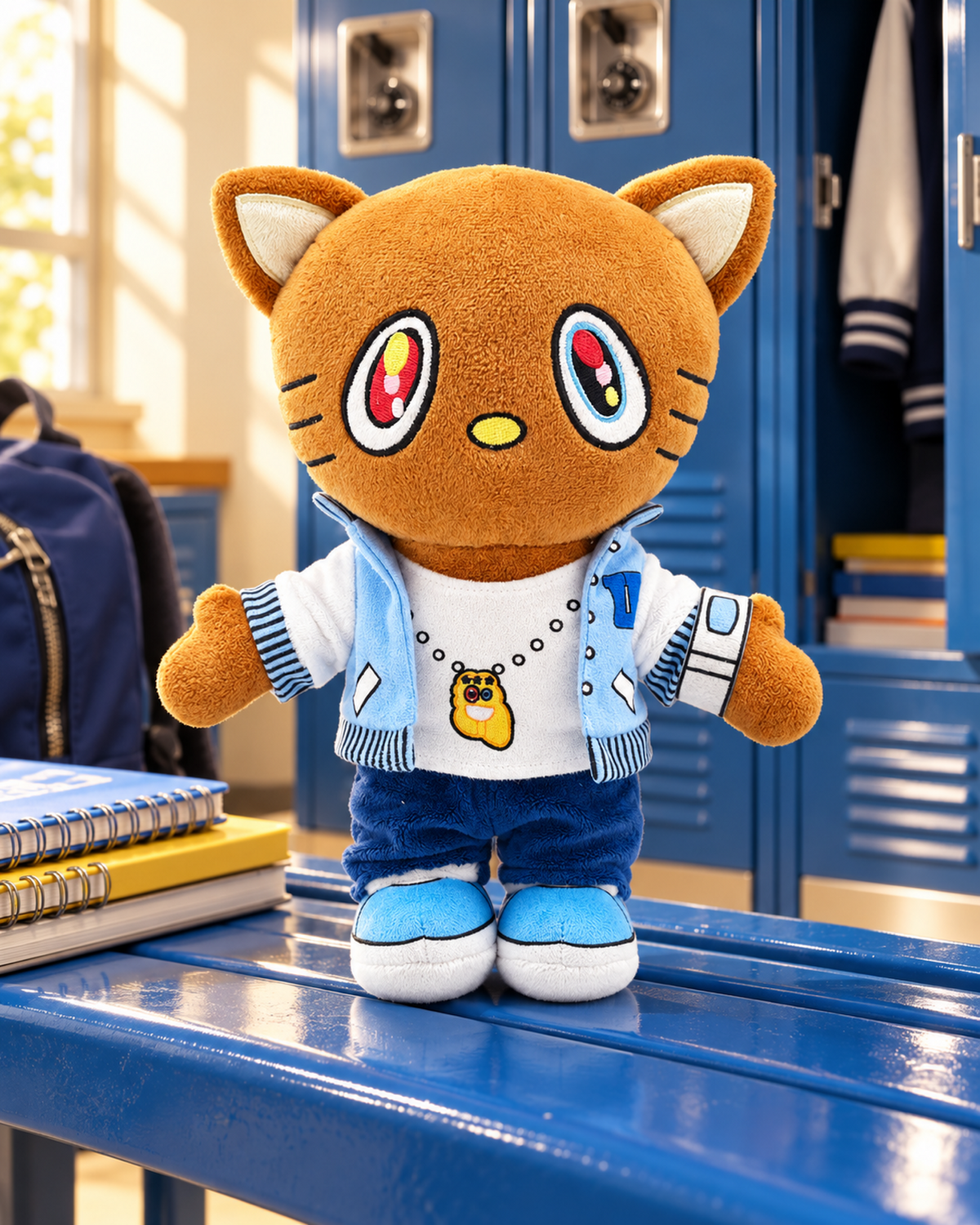 Kanye West Hello Kitty plush on a blue locker-room bench beside notebooks.