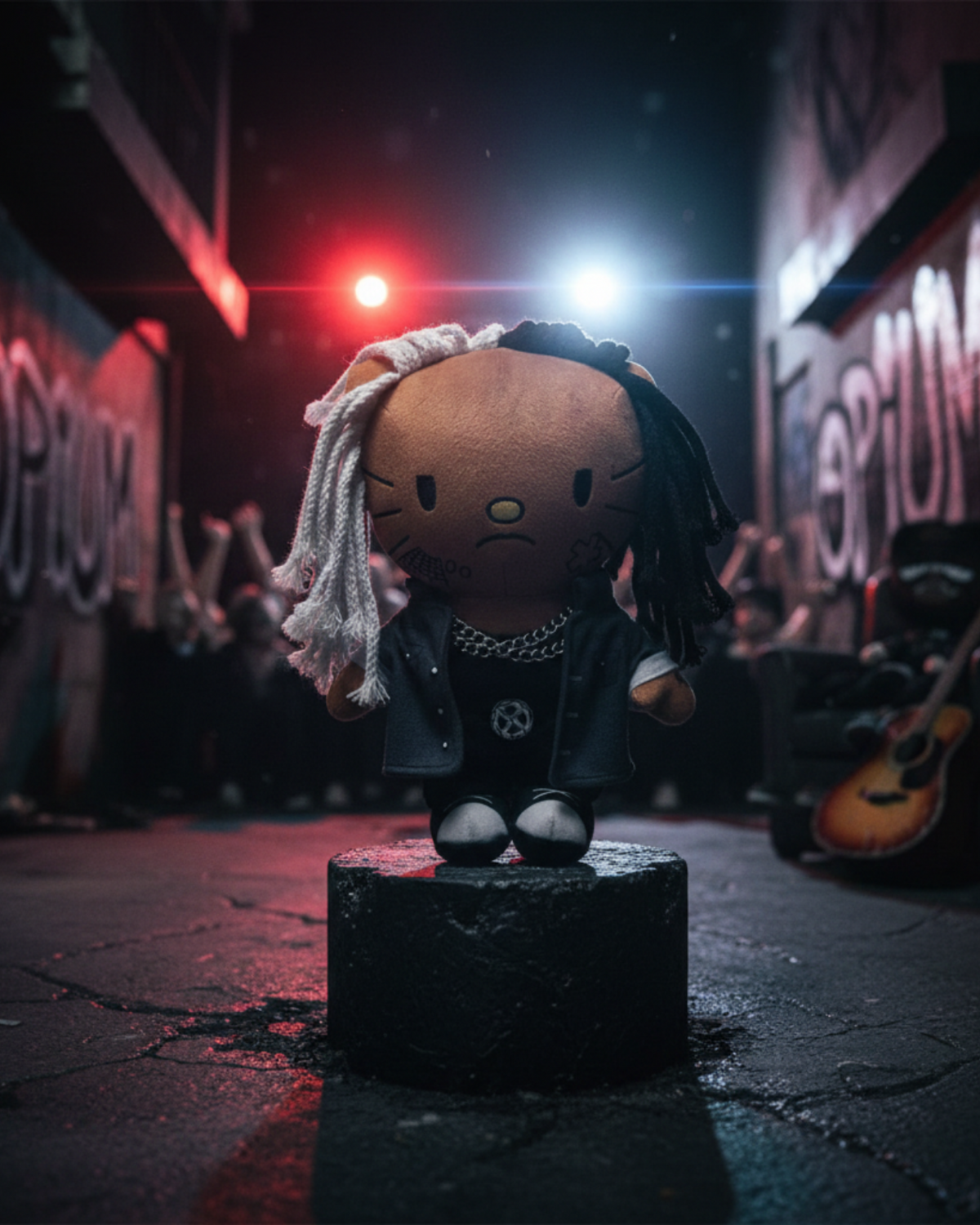 Ken Carson Hello Kitty plush on a pedestal in a dark graffiti-lined alley with red lighting.
